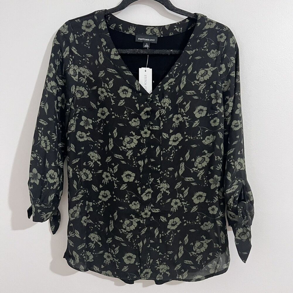 Fortune + Ivy Black and Olive Green Floral Popover Top Size S Office 3/4 Sleeve